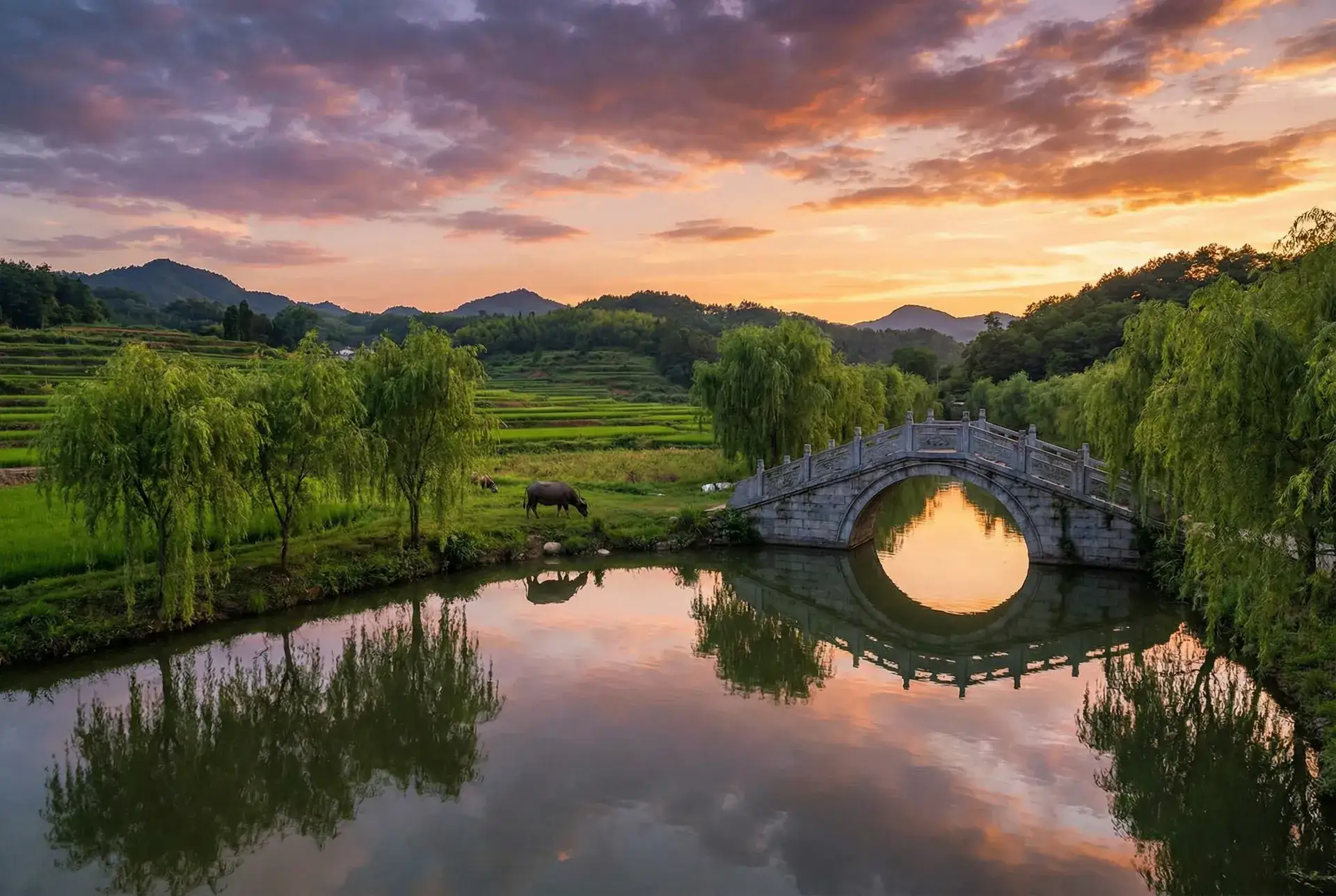 夕阳下的石拱桥与垂柳，水牛在河边吃草 - 2021免费一二三四区 乡村美景
